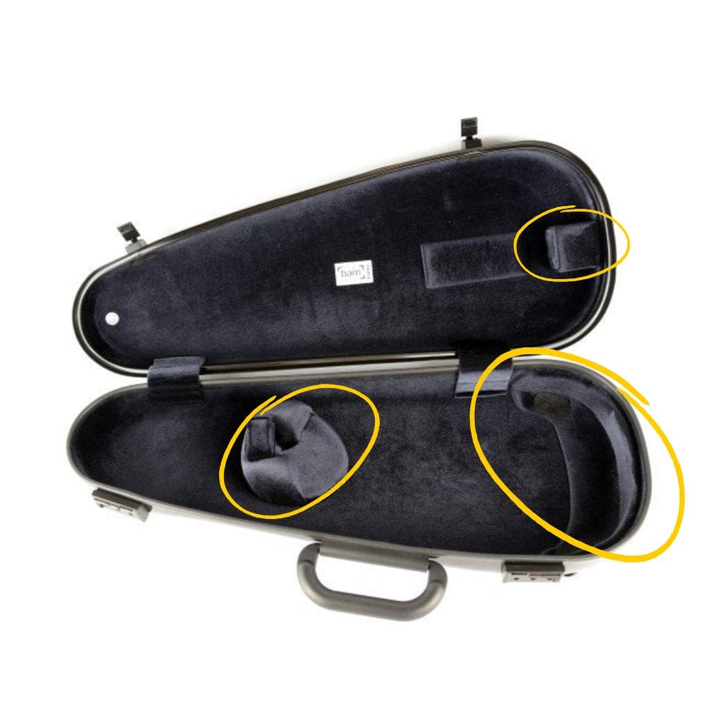 Open Bam Cabin violin case showing suspension padding along the neck and lower bout