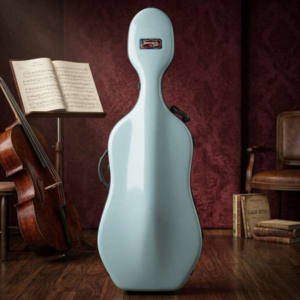 Light blue Bam Newtech Cello Case beside a cello and sheet music