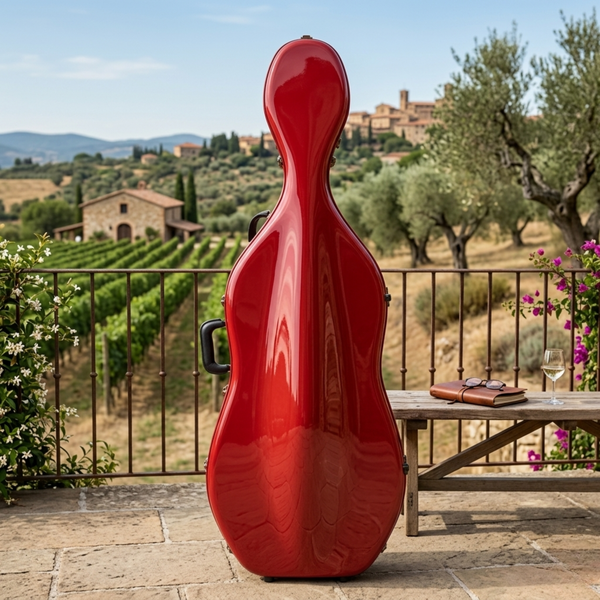 Red Bobelock Fiberglass Cello Case on an Italian vineyard terrace