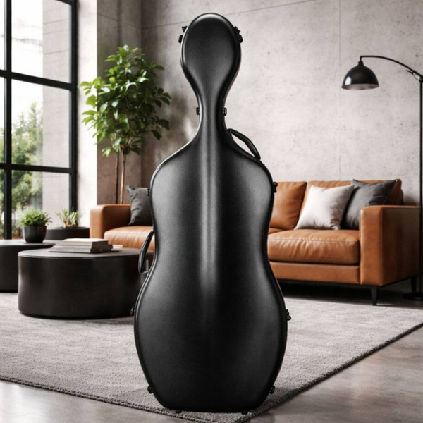 Black Eastman CACL13 Cello Case in a modern living room