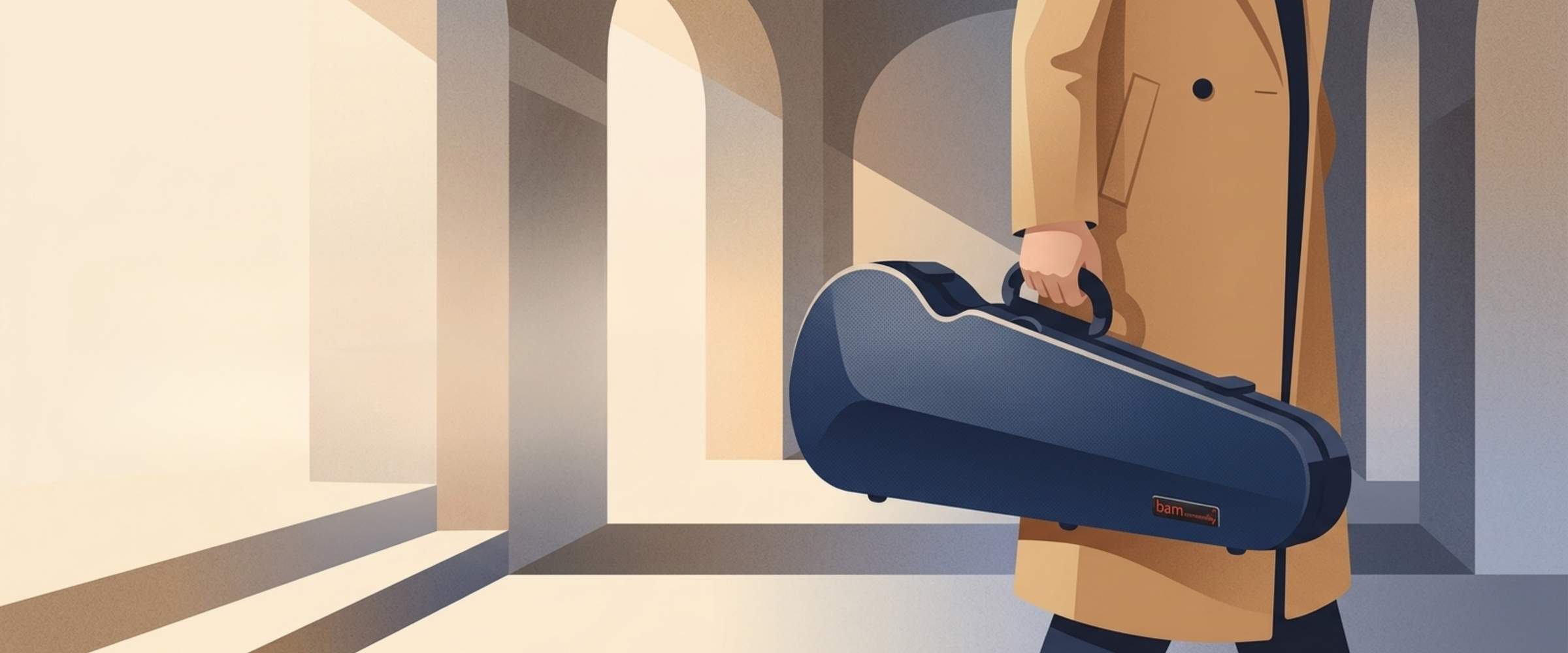 A musician in a tan coat carrying a navy Bam violin case through a sunlit archway