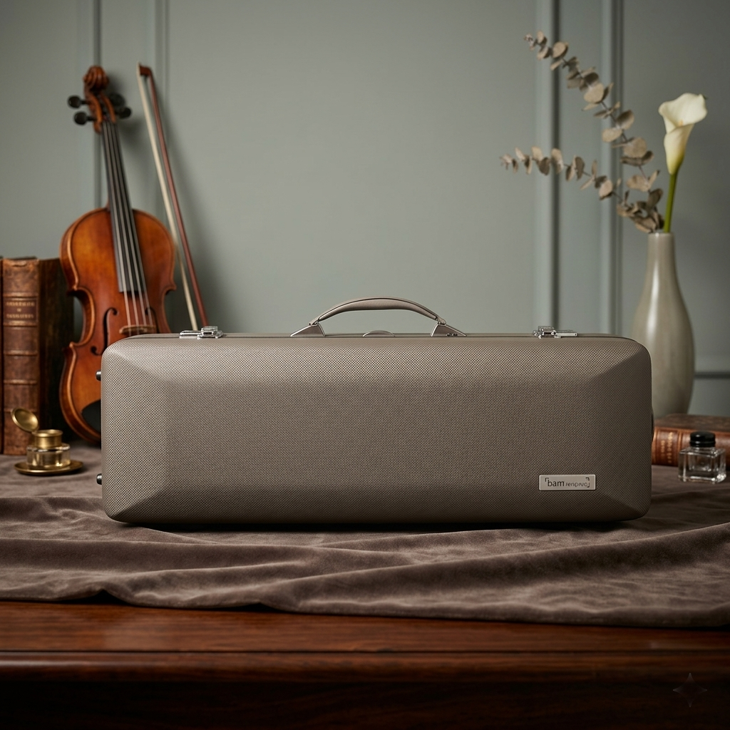 Olive Bam Hightech Contoured Viola Case beside a violin and bow