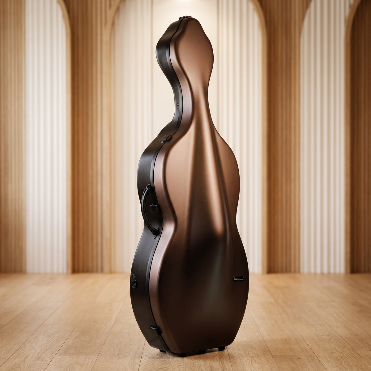 Brown Bam BonBon Hightech Cello Case against an arched wood wall