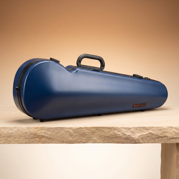 Navy blue Bam Hightech Contoured Viola Case on a sandstone bench
