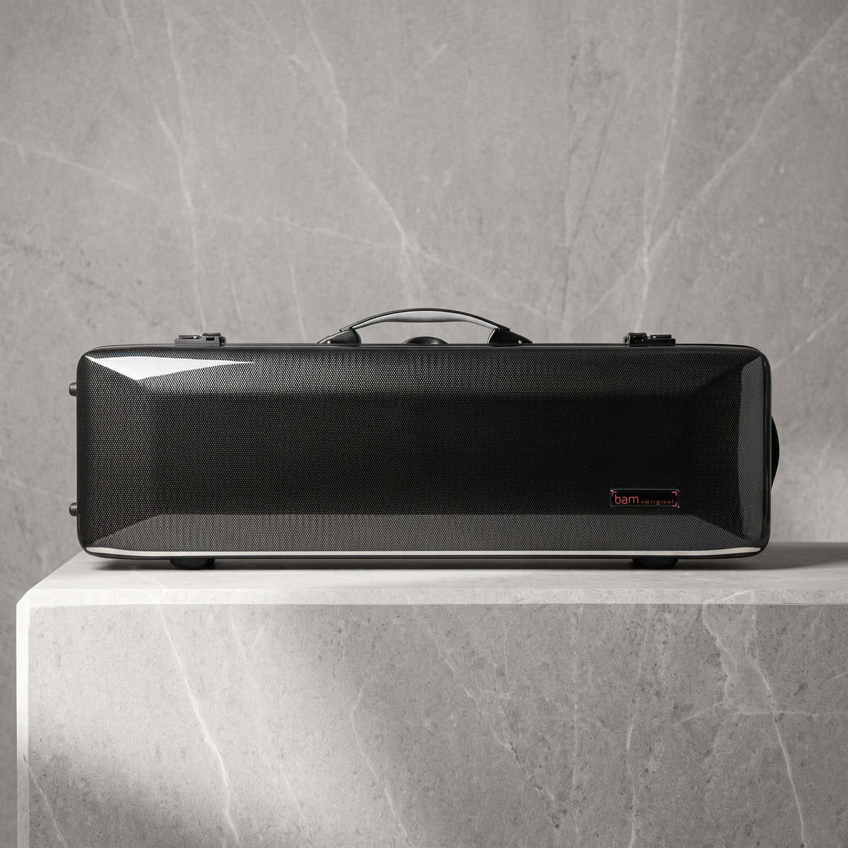 Bam Hightech Oblong violin case, black carbon, studio shot beside a basalt monolith