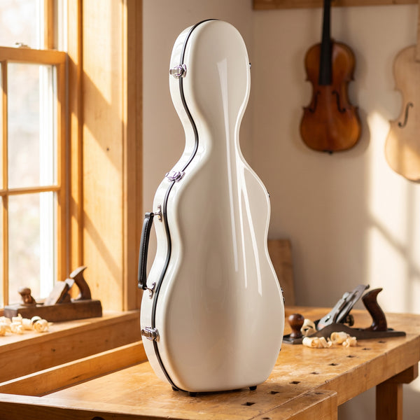 White Bobelock 1062 Shaped Violin Case in a violin maker's workshop