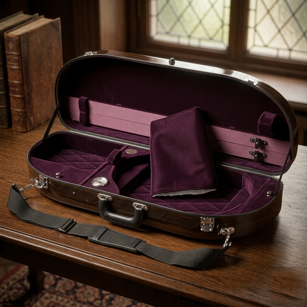 Open Bobelock Fiberglass Viola Case with a purple velvet interior on a wood table
