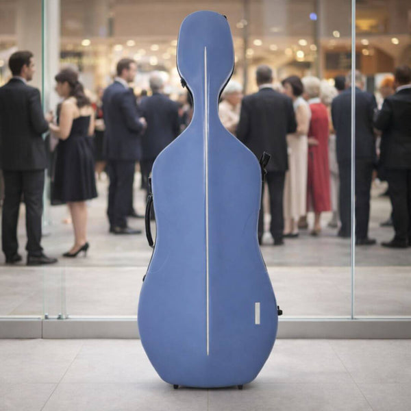 A blue cello case stands in the foreground, with a group of formally dressed people blurred in the background.