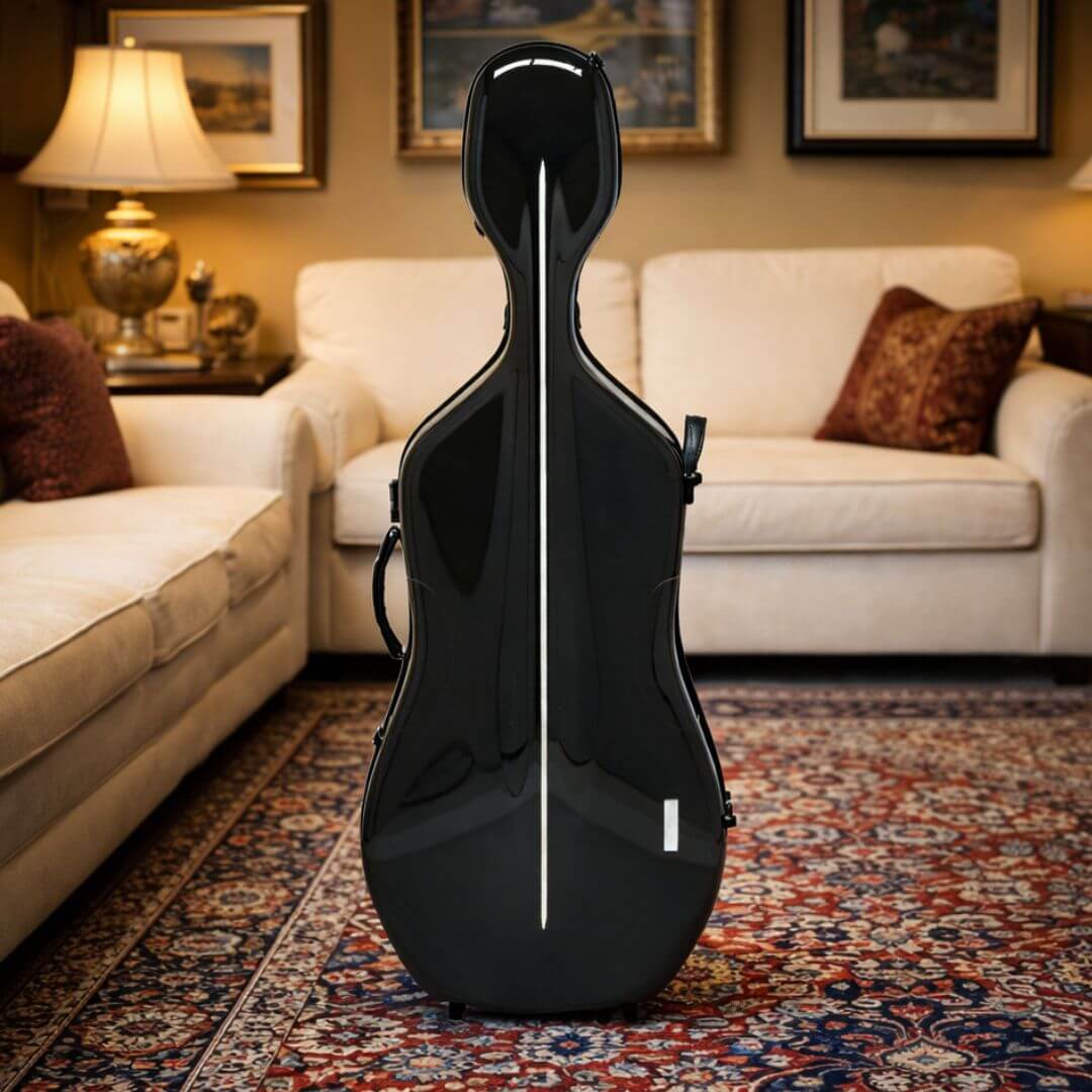 Black Gewa Air Cello Case in a living room