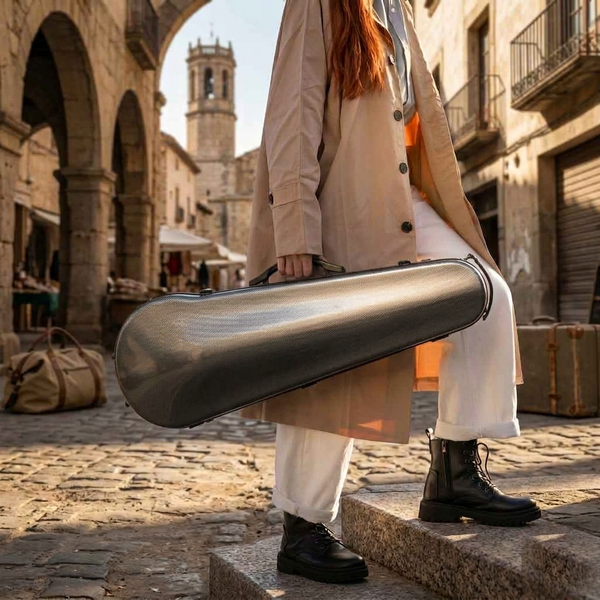 Molto Neo Shaped Viola Case carried through a cobblestone street