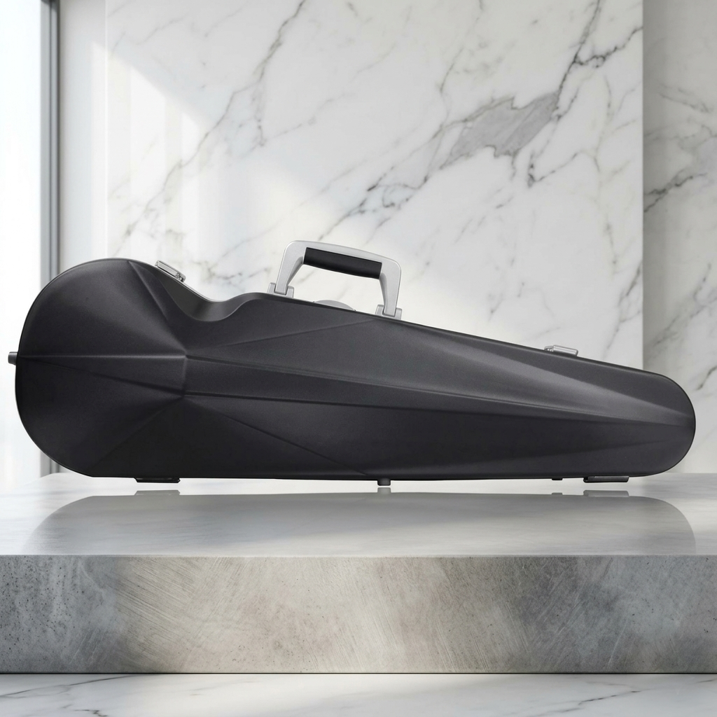 Black Bam Hightech Oblong Violin Case on a marble pedestal